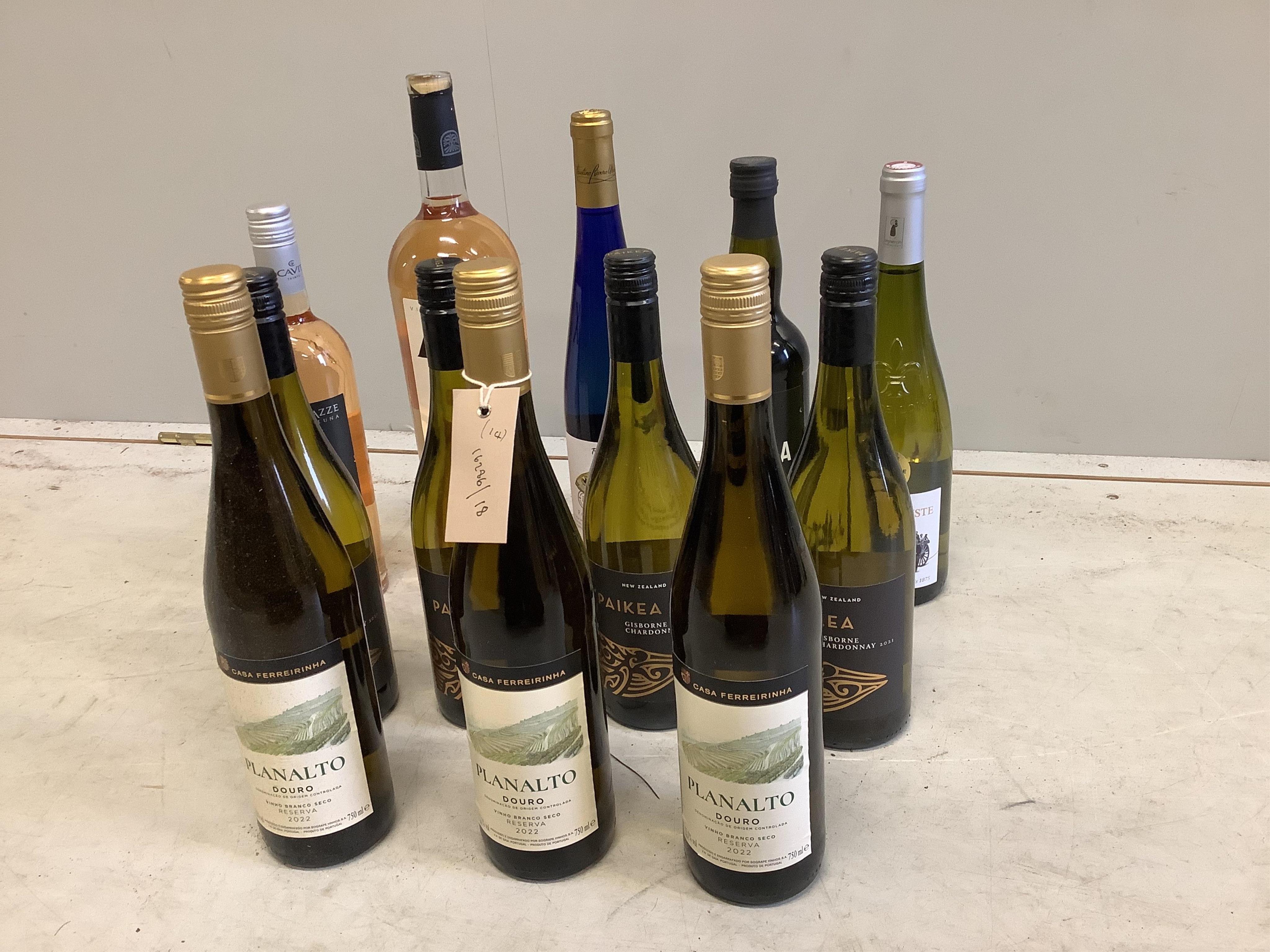 Four bottles of Paikea Gisborne Chardonnay, three bottles of Pere Auguste Val De Loire, a bottle of Pellegrino Marsala Fine I P and six assorted bottles of white and Rose wine (14). Condition - good, surplus stock from a